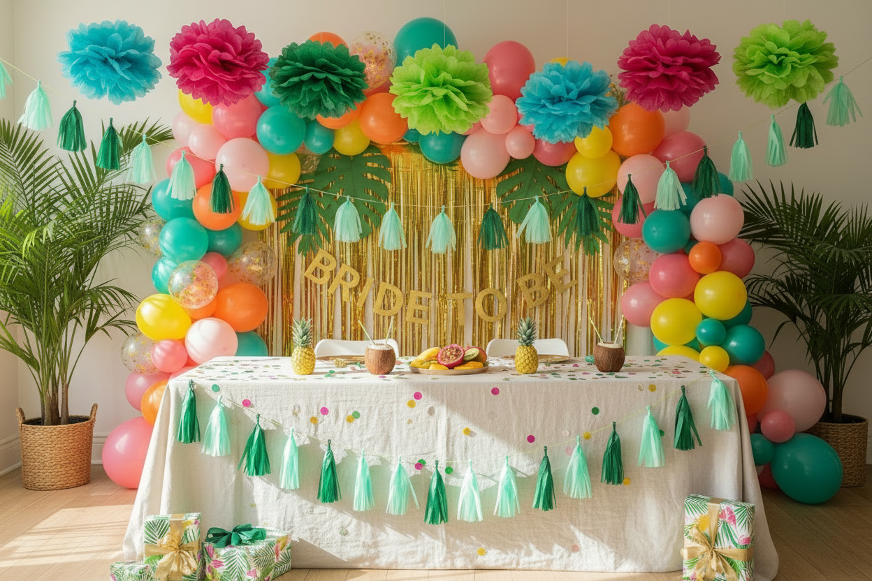 Tropical Bride-to-Be Decoration Kit – Flamingo & Jungle Theme (132 Items)