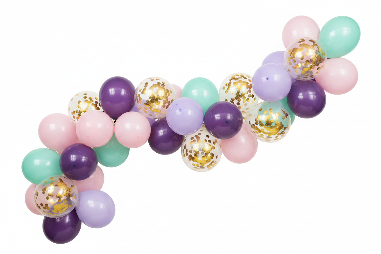 10 Pastel Pink, Purple, Dark Purple, Mint Green Balloons, 5 gold confetti balloons