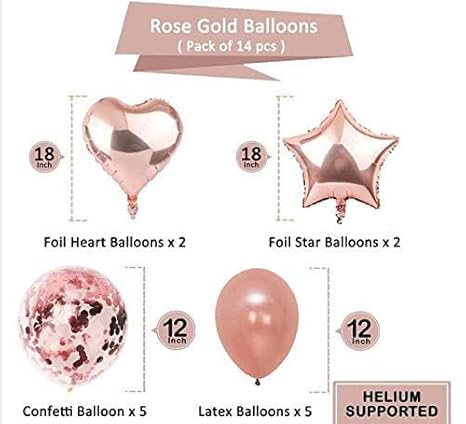 Rose Gold Balloon Bouquet – 14 Pcs Set (Confetti, Metallic, Heart & Star Foil Balloons)