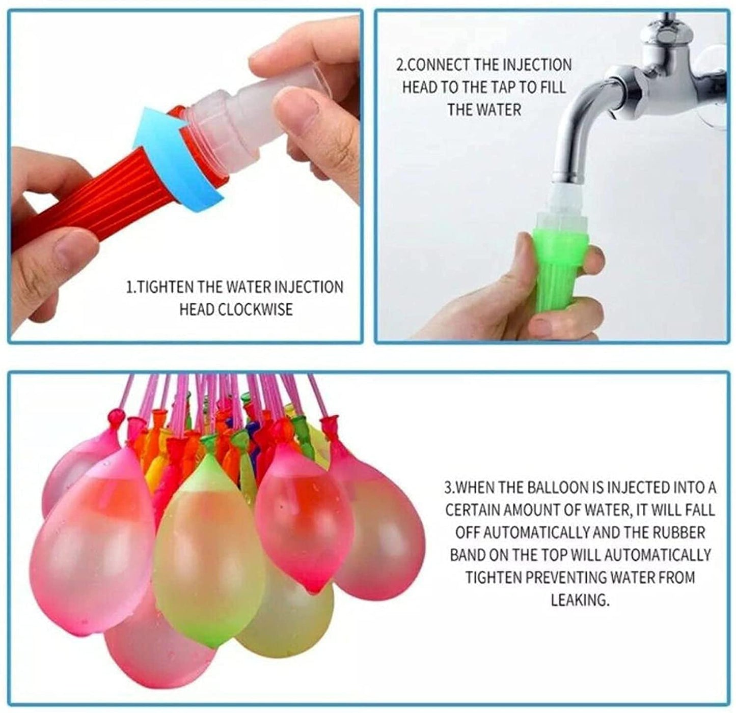Holi Magic Water Balloons Set of 3 – With Tap Adapter, Automatic Quick-Fill & Self-Sealing Latex Balloons for Summer Fight & Holi Celebration