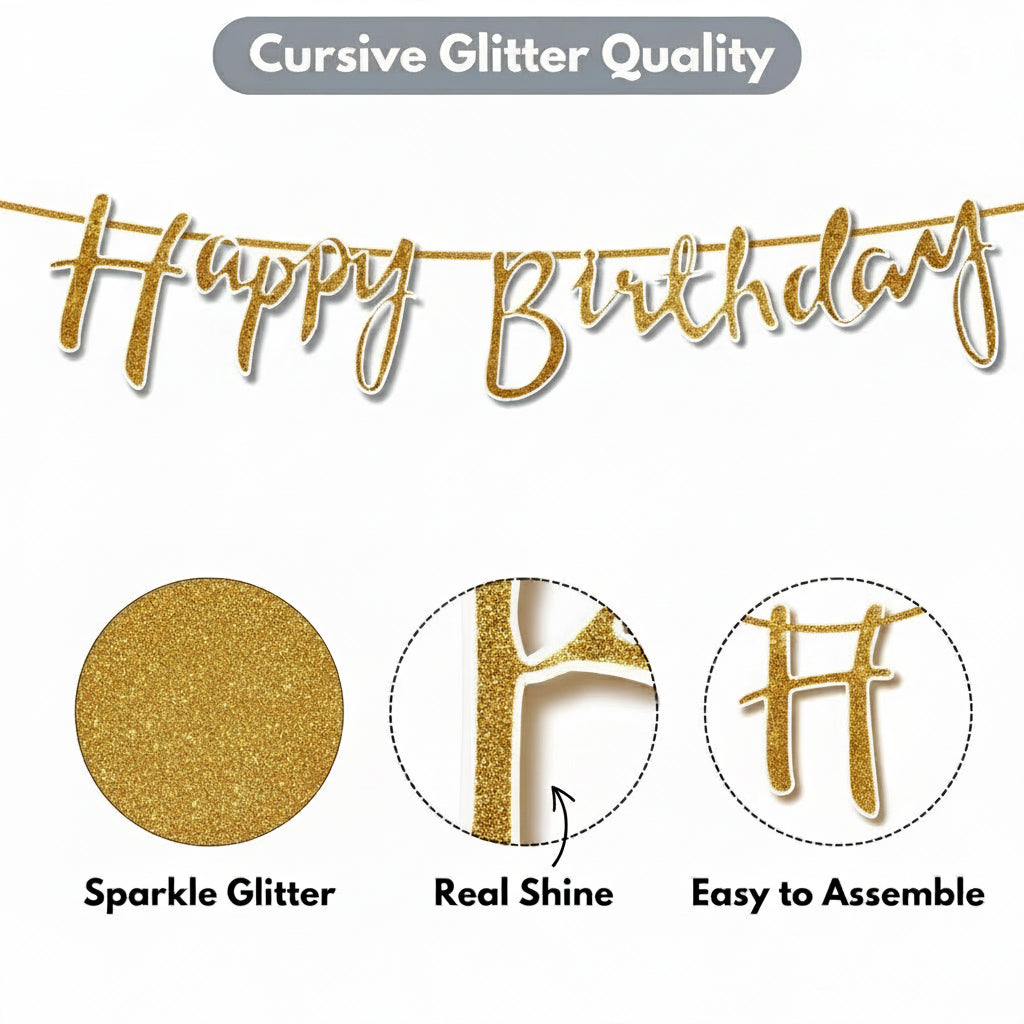 Silver 'Happy Birthday' banner with glitter quality details on a white background