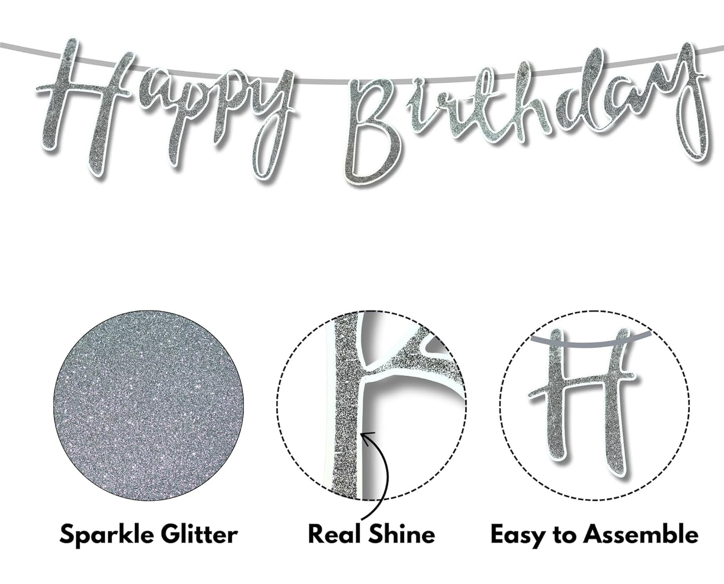 Happy Birthday Silver Glitter Cursive Banner – Elegant Party Decoration