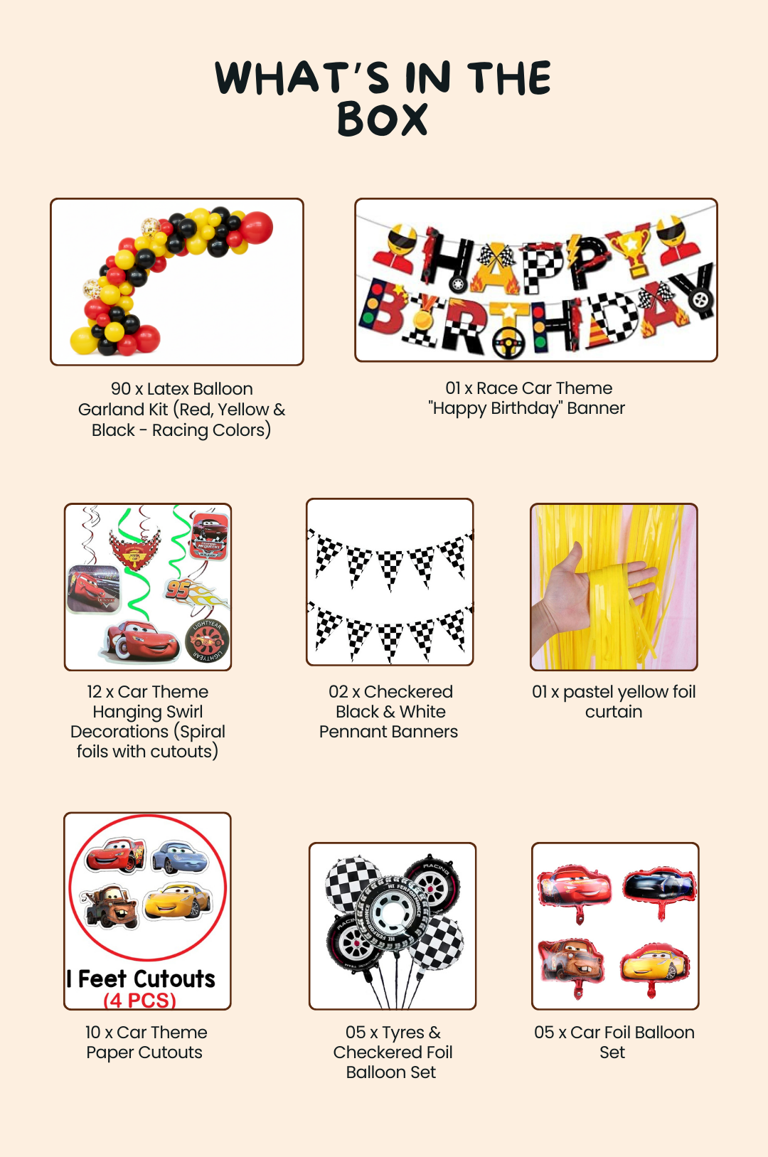 🏁🚗 Race Car Theme Birthday Decoration Mega Bundle – Balloon Garland, Foils, Swirls, Banners & Cutouts (120+ Pcs)