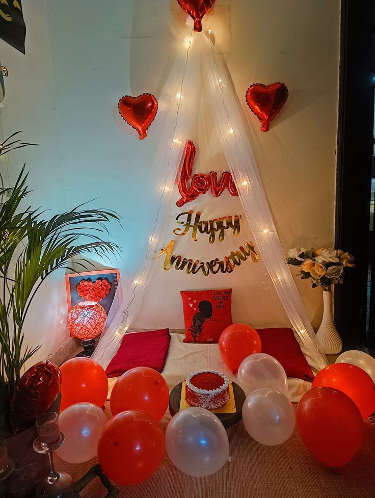 Romantic Red & White Anniversary Canopy Kit - Net Curtain, Love Foil & Silver Banner (84 Pcs)