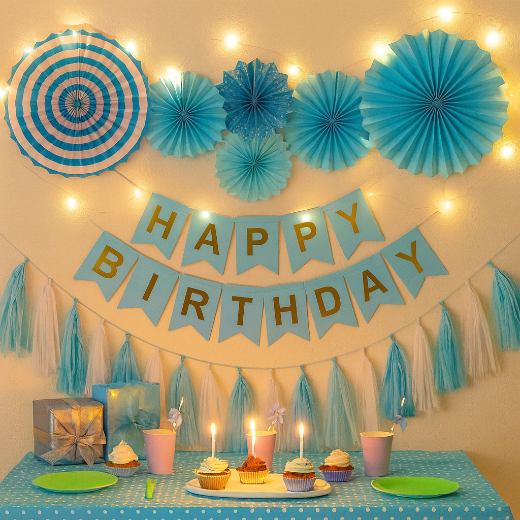 Breezy Sky Blue Paper Fan & Tassel Decor Kit (Eco-Friendly Set)