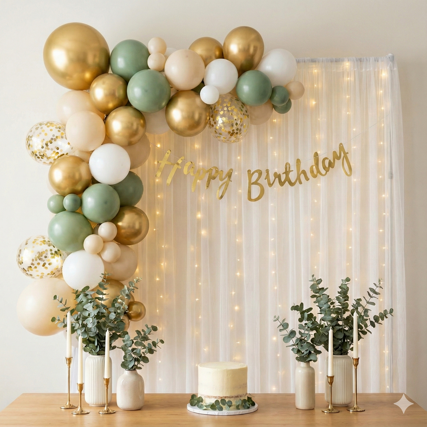 Boho Botanical & Gold Luxe Decor Kit with Net Curtain Backdrop (64 Pcs)