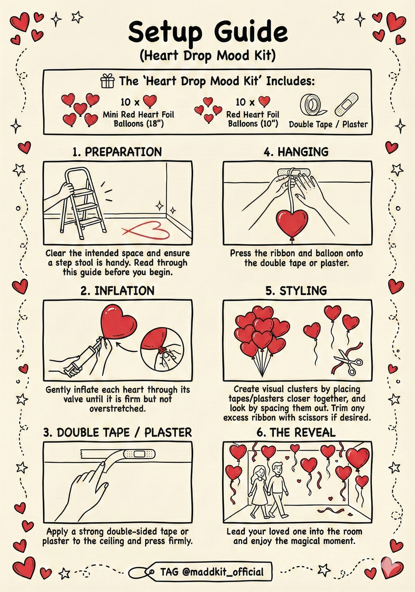 "Heart Drop Mood Kit" – 20 Red Heart Foil Balloons | Romantic Surprise Kit for Your Loved One