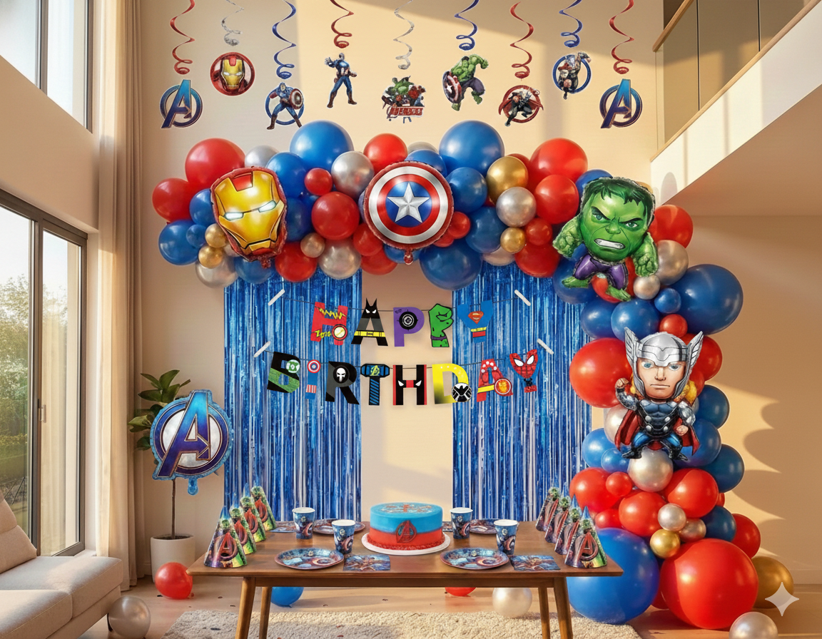 Avengers theme party🦸♂️ Avengers Superhero Party Decoration Mega Bundle – 74 Pcs | Complete Birthday Decoration Kit
