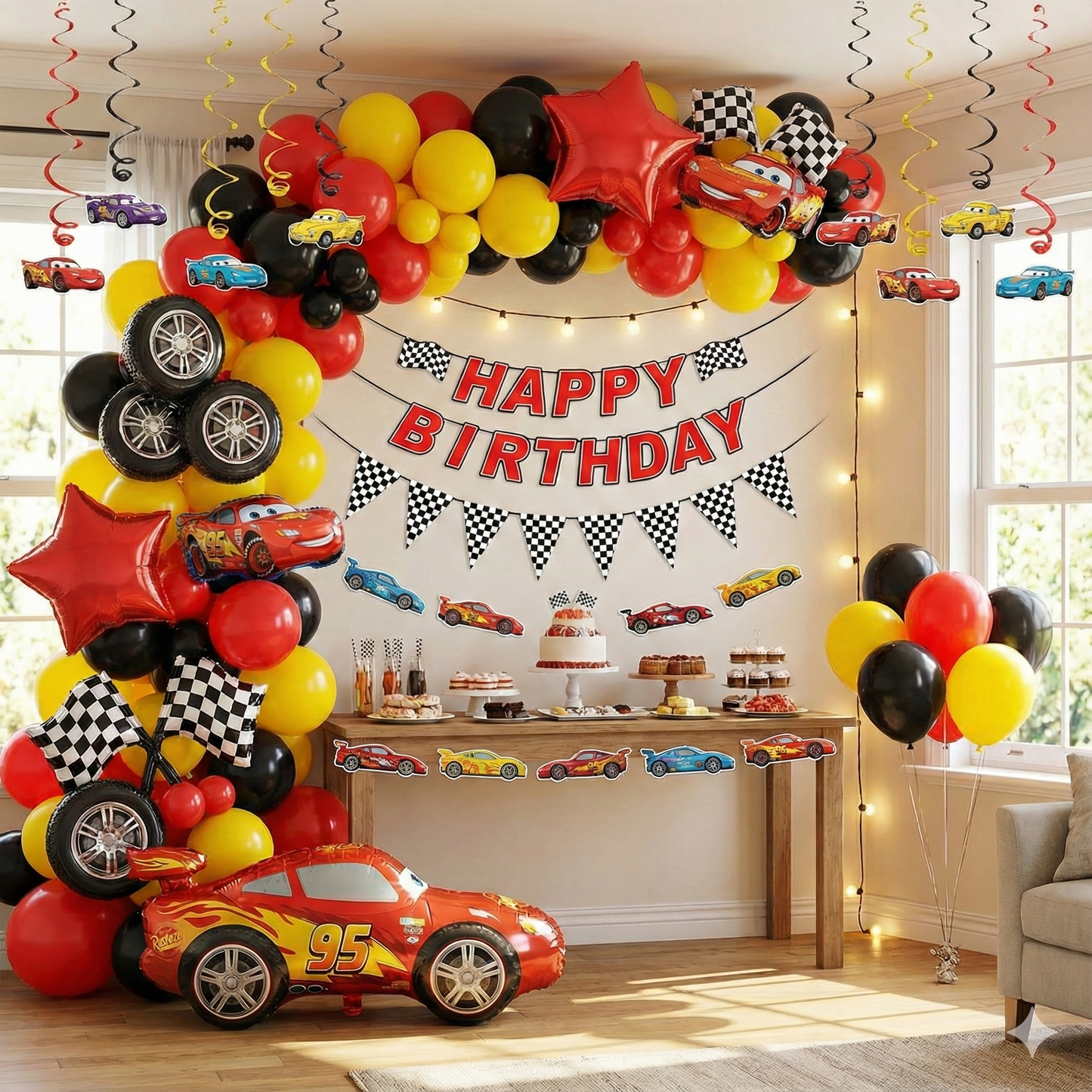 ππ Race Car Theme Birthday Decoration Mega Bundle β Balloon Garland, Foils, Swirls, Banners & Cutouts (120+ Pcs)