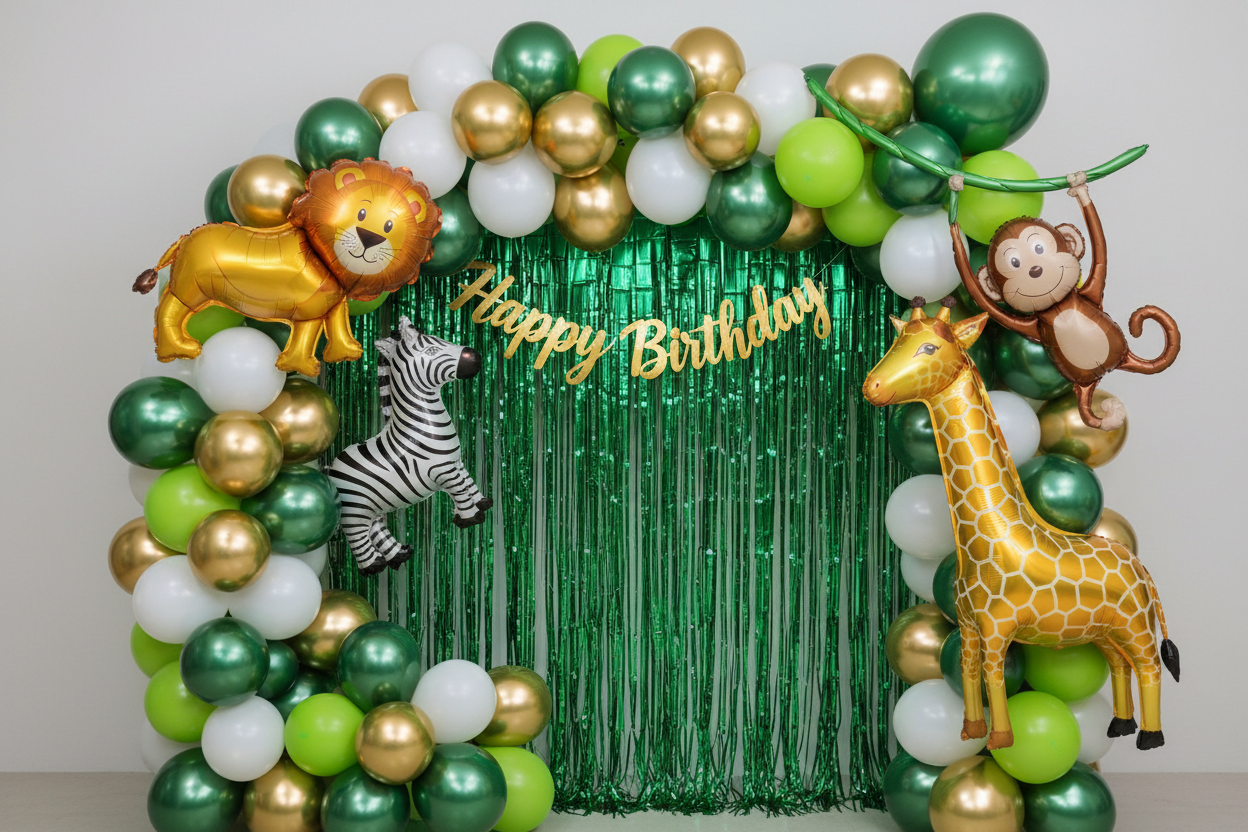 Green, White & Chrome Balloon Set – Pack of 40 (10 Chrome Green + 10 Gold Chrome + 10 White + 10 lime Green) in a balloon garland and add green foil curtain and add animal foil and gold happy birthday cursive banner
