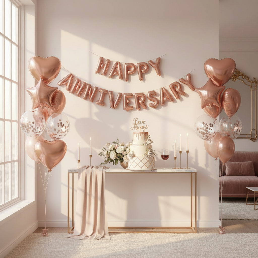 Make a ful pinterest worthy decor image with this bundle an aspirational one with excllent ambient lighting in aspect ratio 1:1
01 x Rose Gold "HAPPY ANNIVERSARY" Foil Banner (16 Inch Letters)
14 x Rose Gold Balloon Bouquet Set, containing:
2 x Rose Gold Heart Foil Balloons (18 Inch)
2 x Rose Gold Star Foil Balloons (18 Inch)
5 x Rose Gold Confetti Latex Balloons (12 Inch)
5 x Rose Gold Metallic Latex Balloons (12 Inch)