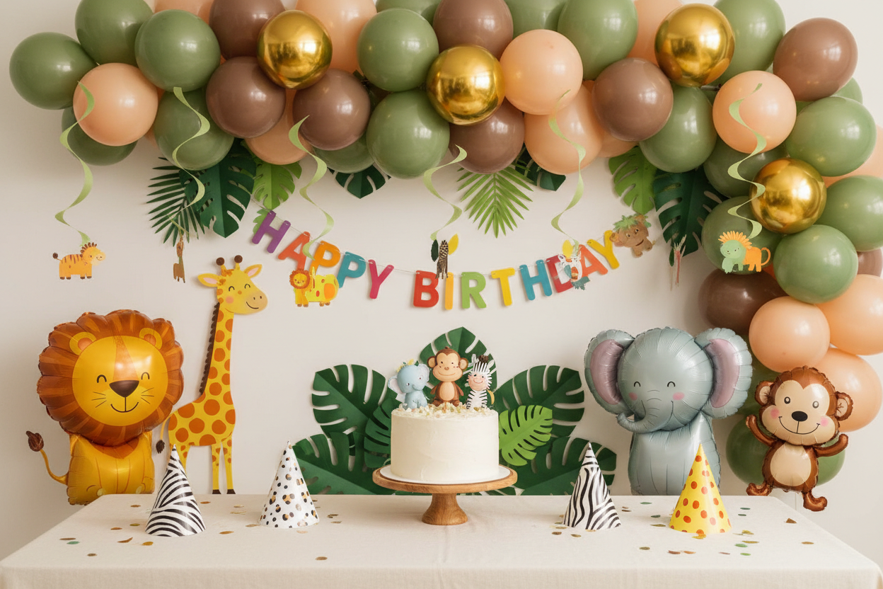 Olive Green, Peach Latex Balloons &Retro Brown – 10 Inch | Pack of 50 (20 + 20 + 10) add 5 gold chrome balloons in the garland and add animal themed happy bithday banner and cake toppers and hats and animal thmed swirls and add paper tropical leaves and add annimal foils