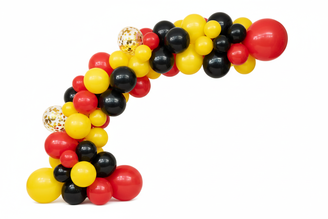 red yellow and black balloon garland