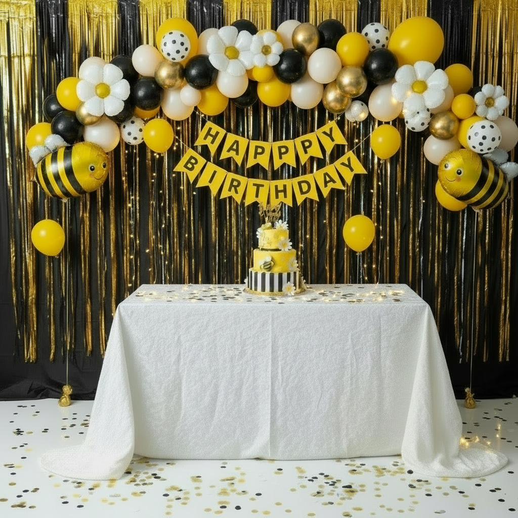đ Honey Bee Theme Party Decoration Mega Bundle â Balloons, Banner, Curtain & Garland | Complete Decor Set