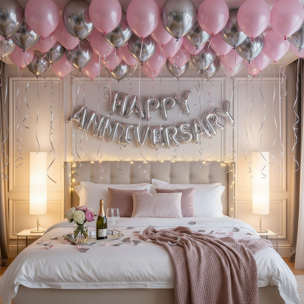 01 x Classic Silver "Happy Anniversary" Foil Balloon Banner (16 Inch Letters)

25 x Silver Metallic Chrome Balloons (10 Inch) - High-shine mirror finish

25 x Pastel Pink Latex Balloons (18 Inch - Giant Size) - Creates massive volume and soft texture
Make a ful pinterest worthy decor image with this bundle an aspirational one with excllent ambient lighting in aspect ratio 1:1
all ceiling balloons and in a bed room decor
