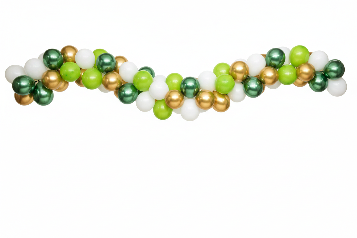 10 Chrome Green + 10 Gold Chrome + 10 White + 10 lime Green latex balloon in a balloon garland