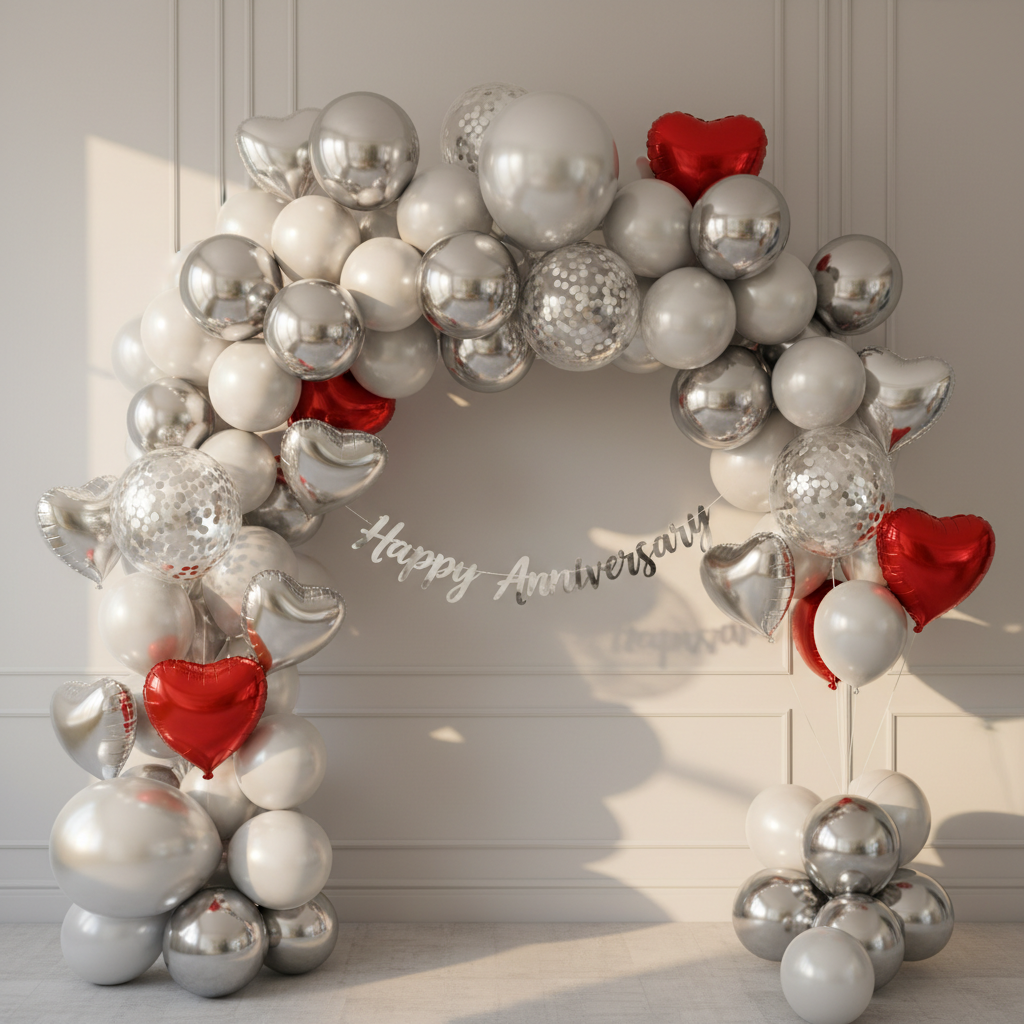 25 x Silver Metallic Chrome Balloons (10 Inch) 

25 x Pearl White Latex Balloons (10 Inch) - Soft shimmer

05 x Silver Confetti Balloons (12 Inch) - Pre-filled with silver dots

05 x Red Heart Foil Balloons (18 Inch) - The romantic highlight

05 x Silver Heart Foil Balloons (18 Inch) - Shiny accents

01 x Silver "Happy Anniversary" Cursive Bunting Banner

Make a ful pinterest worthy decor image with this bundle  as balloon arch an aspirational one with excllent ambient lighting in aspect ratio 1:1
