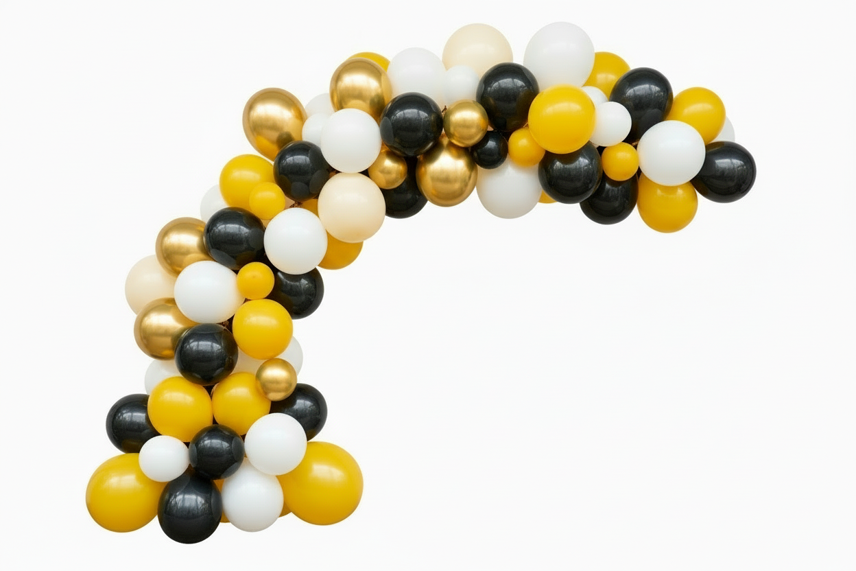 🎈 Yellow, Black, cream & White Latex Balloons and gold chrome balloons– 10 Inch | Pack of 120+10 (30 Each)