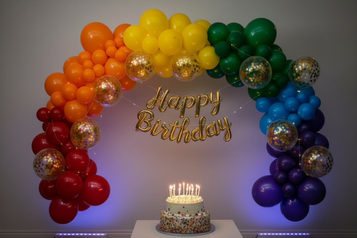 5 × Red Balloons
5 × Orange Balloons
5× Yellow Balloons
5× Green Balloons
5× Blue Balloons
5 × Purple Balloons
5× gold confetti Balloons create a garland