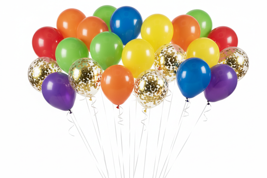 5 × Red Balloons
5 × Orange Balloons
5× Yellow Balloons
5× Green Balloons
5× Blue Balloons
5 × Purple Balloons
5× gold confetti Balloons