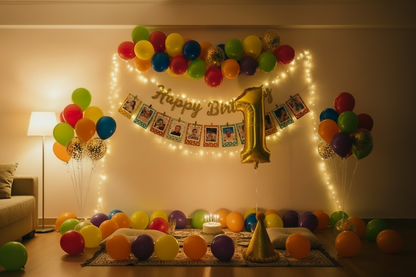 1st Birthday "Glowing Rainbow" Milestone Decor Kit - Photo Banner, Balloons & Lights (45+ Pcs)