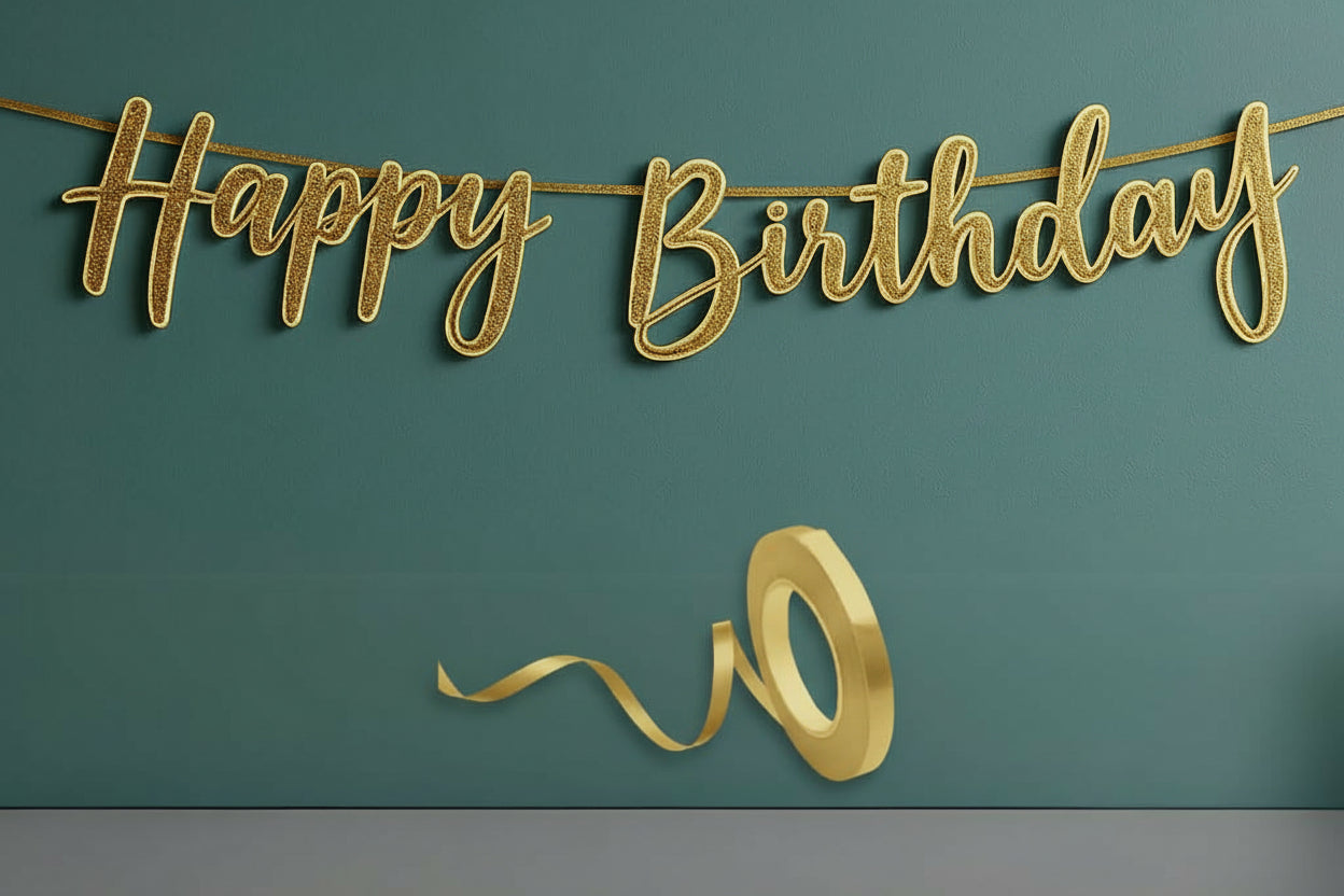 Metallic 'Happy Birthday' banner with a number '40' on a teal background