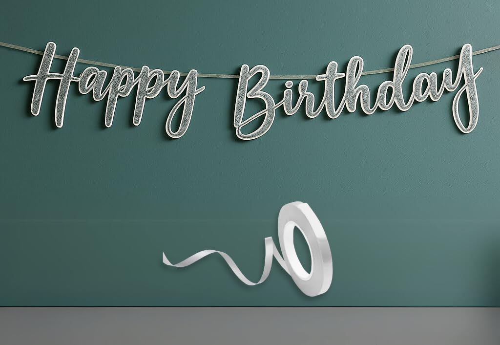 Happy Birthday Silver Glitter Cursive Banner – Elegant Party Decoration