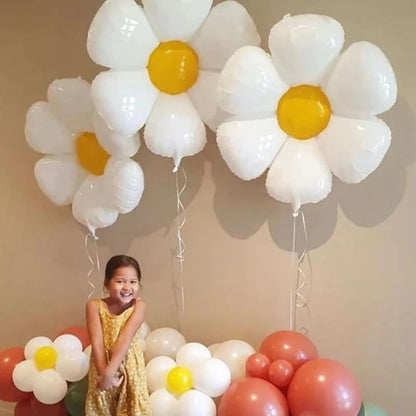 🌼 White Daisy Flower Foil Balloons – 2 Pcs | Large Mylar Floral Party Decorations