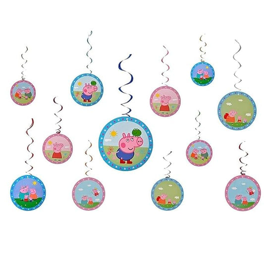 Multicolour Peppa Pig Hanging Swirls Decoration With 6 swirls & 6 Cutout For Hanging Swirl Ceiling, Kids Birthday, Peppa Pig Themed, Christmas Decoration, Party & Event Decor