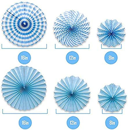 Blue Paper Fan Decorations - Set of 6 | Premium Party Fans
