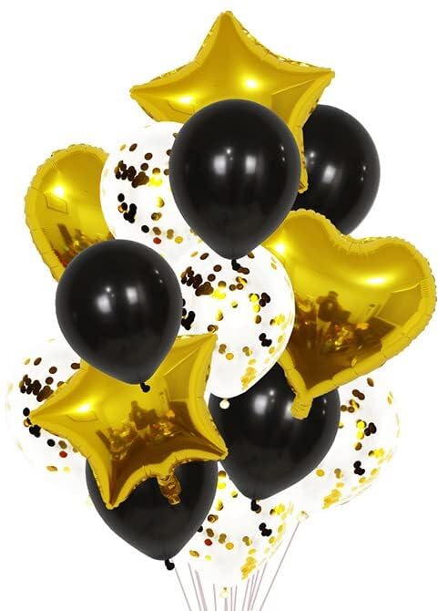 Solid Confetti Foil Balloons – Gold & Black (Set of 14 Pcs)