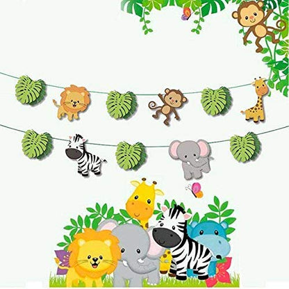Jungle Animal Birthday Decoration Set – 12 Pcs Animal Banner with Leaves | Safari Theme