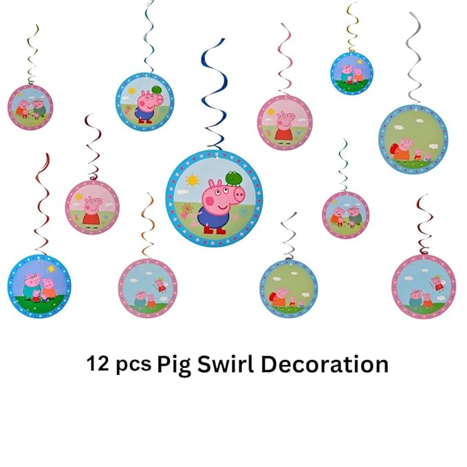 Multicolour Peppa Pig Hanging Swirls Decoration With 6 swirls & 6 Cutout For Hanging Swirl Ceiling, Kids Birthday, Peppa Pig Themed, Christmas Decoration, Party & Event Decor