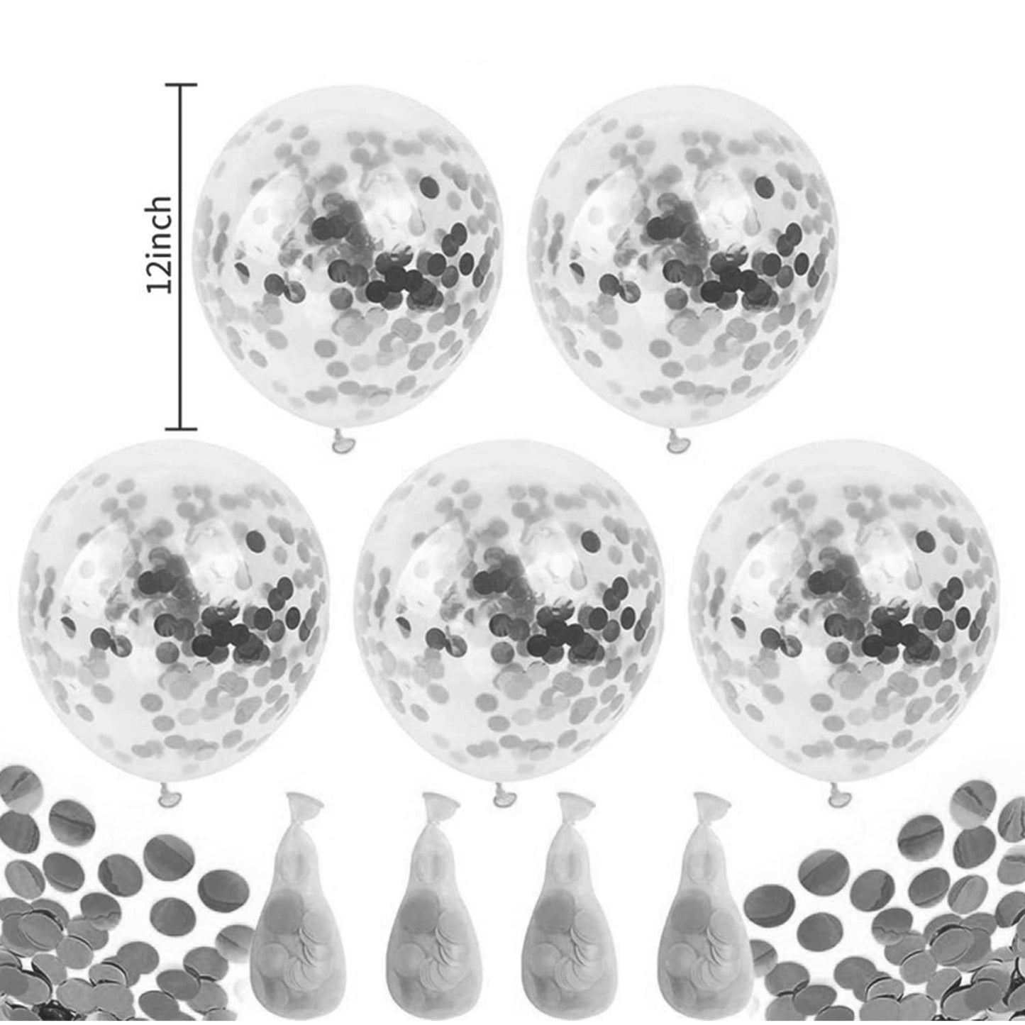 Silver Confetti Latex Balloons, 12 inch Silver Balloons with Silver Paper Dots (5 pcs)