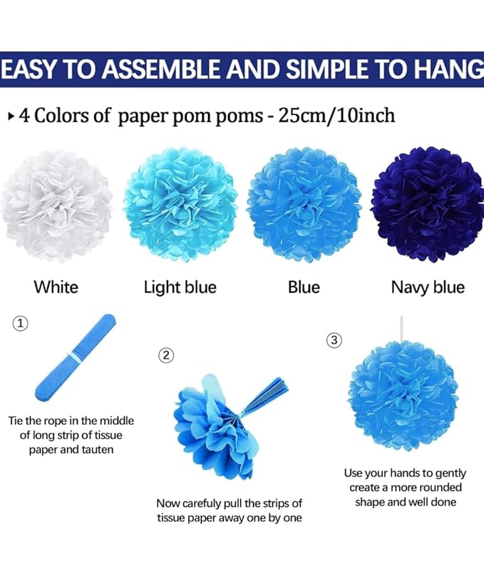 Blue Party Decorations Kit – 20 PCS Set with Fans, Pom Poms, Garland & Pennants