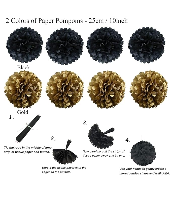 Black Party Decorations Kit – 20 PCS Set with Fans, Pom Poms, Garland & Pennants