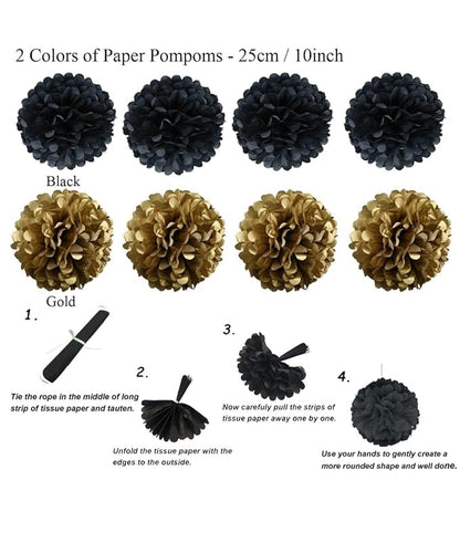 Black Party Decorations Kit – 20 PCS Set with Fans, Pom Poms, Garland & Pennants