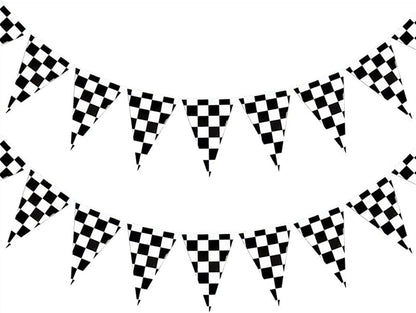 Checkered Black & White Paper Pennant Banner Racing Banner or Race Theme Birthday Party Decoration - 2pcs