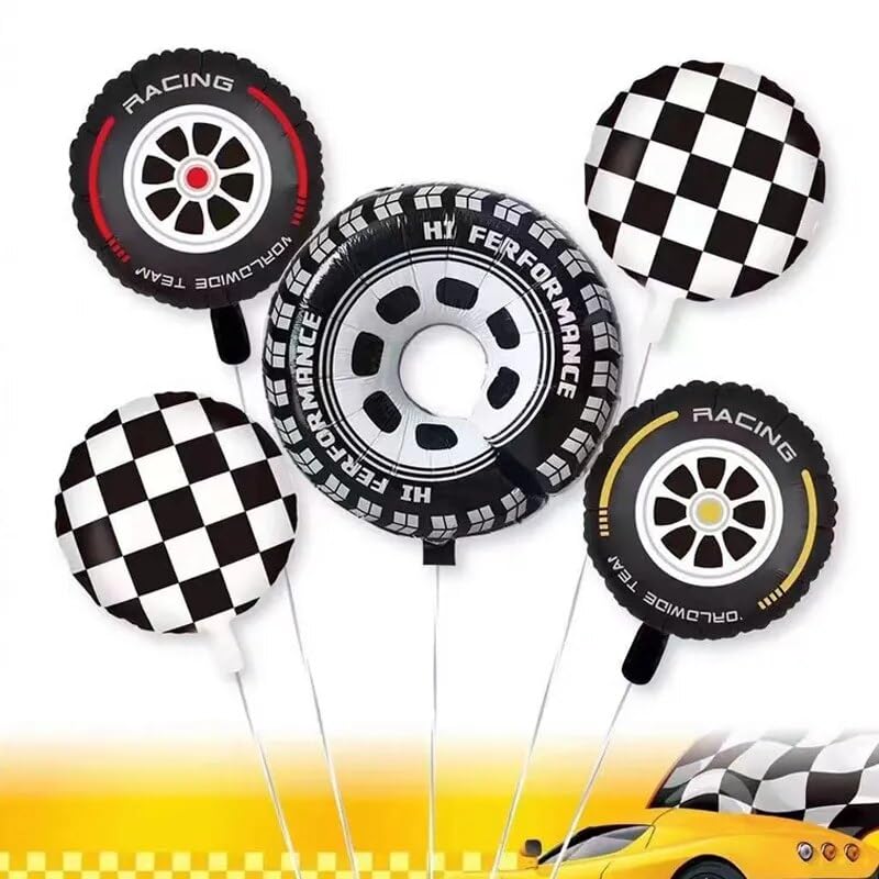 🏁 Race Car Foil Balloons Set – 5 Pcs | Tyre Wheel & Checkered Flag Foil Balloons | Racing Theme Birthday Decoration