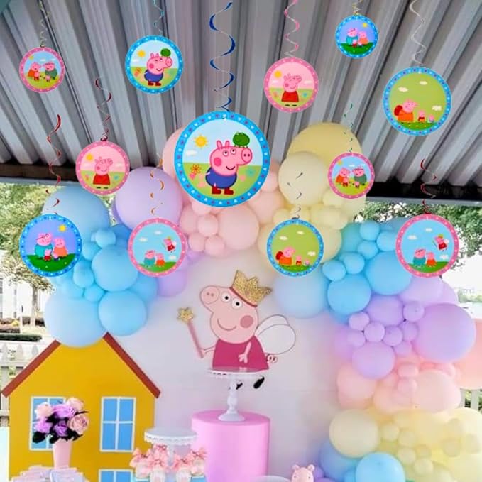 Multicolour Peppa Pig Hanging Swirls Decoration With 6 swirls & 6 Cutout For Hanging Swirl Ceiling, Kids Birthday, Peppa Pig Themed, Christmas Decoration, Party & Event Decor