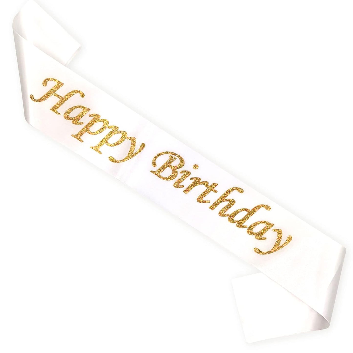 Birthday Satin Sash – White & Golden Glitter Happy Birthday