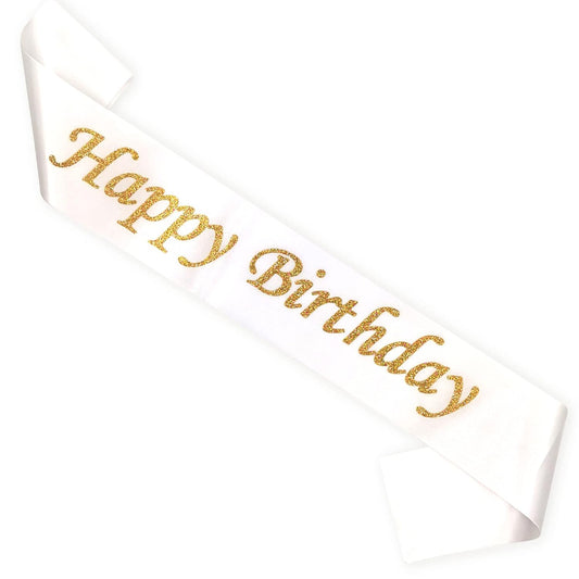 Birthday Satin Sash – White & Golden Glitter Happy Birthday
