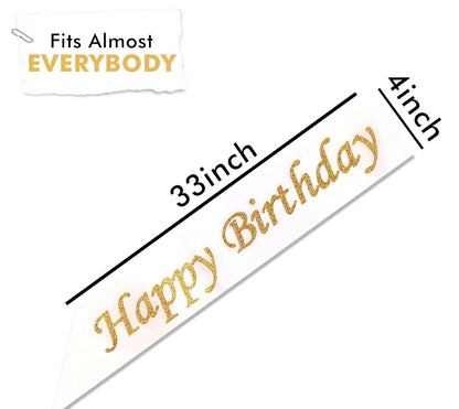 Birthday Satin Sash – White & Golden Glitter Happy Birthday