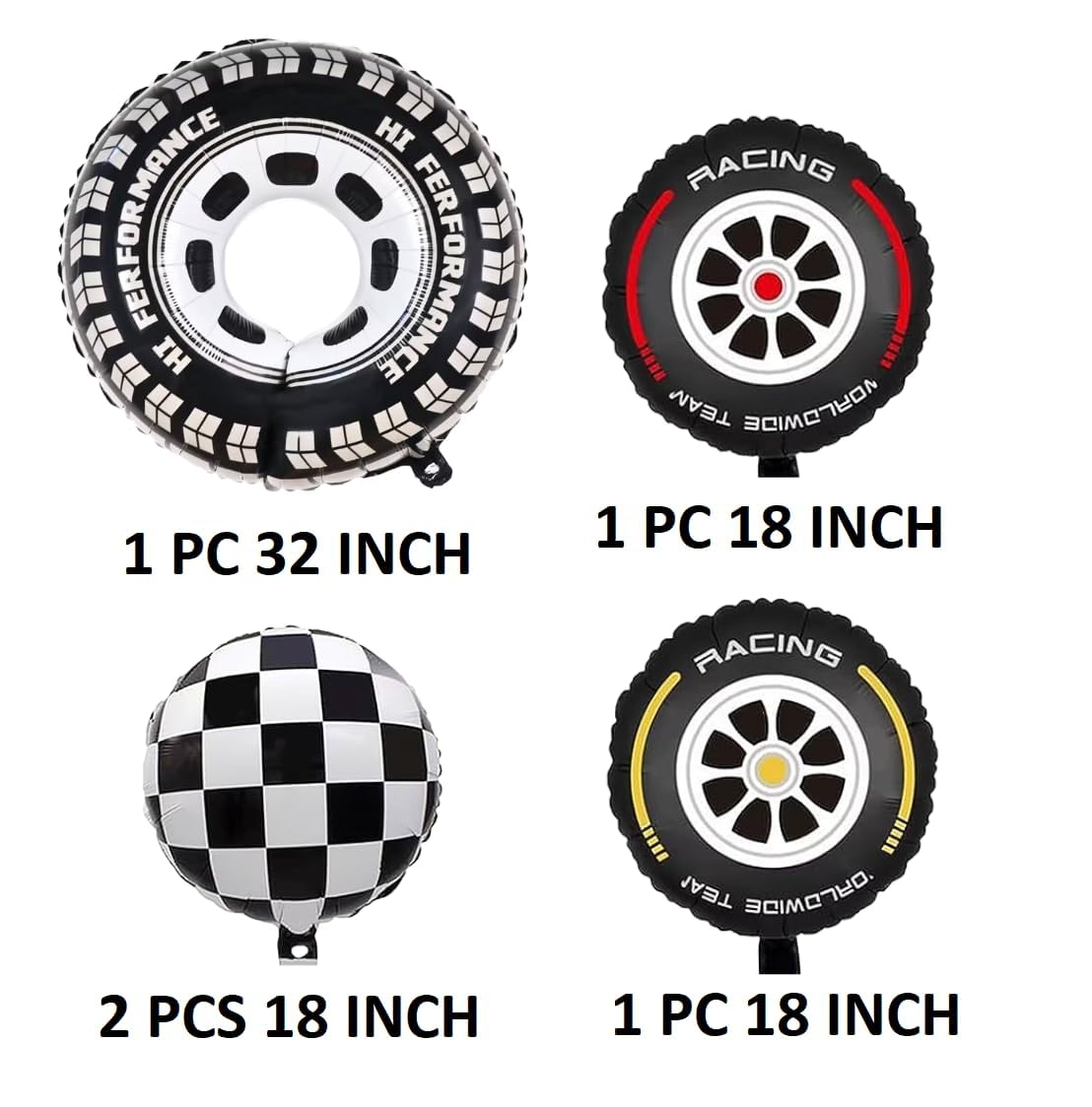 🏁 Race Car Foil Balloons Set – 5 Pcs | Tyre Wheel & Checkered Flag Foil Balloons | Racing Theme Birthday Decoration