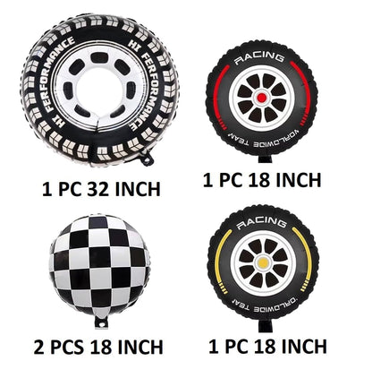🏁 Race Car Foil Balloons Set – 5 Pcs | Tyre Wheel & Checkered Flag Foil Balloons | Racing Theme Birthday Decoration