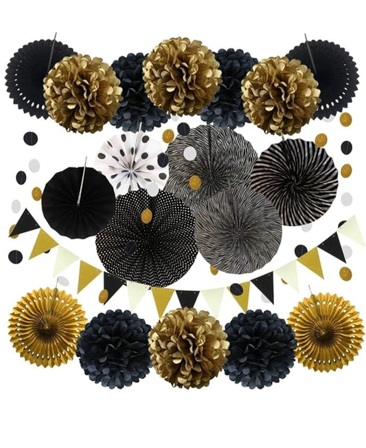 Black Party Decorations Kit – 20 PCS Set with Fans, Pom Poms, Garland & Pennants