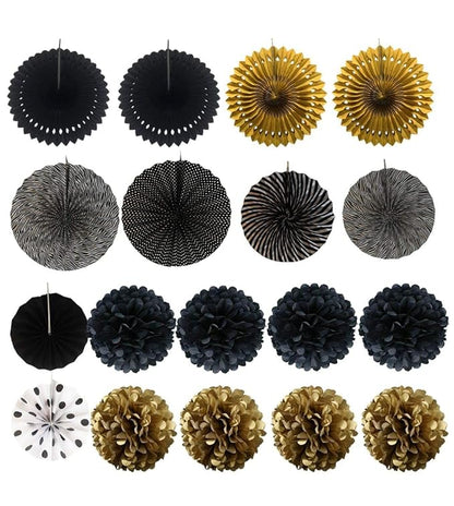 Black Party Decorations Kit – 20 PCS Set with Fans, Pom Poms, Garland & Pennants