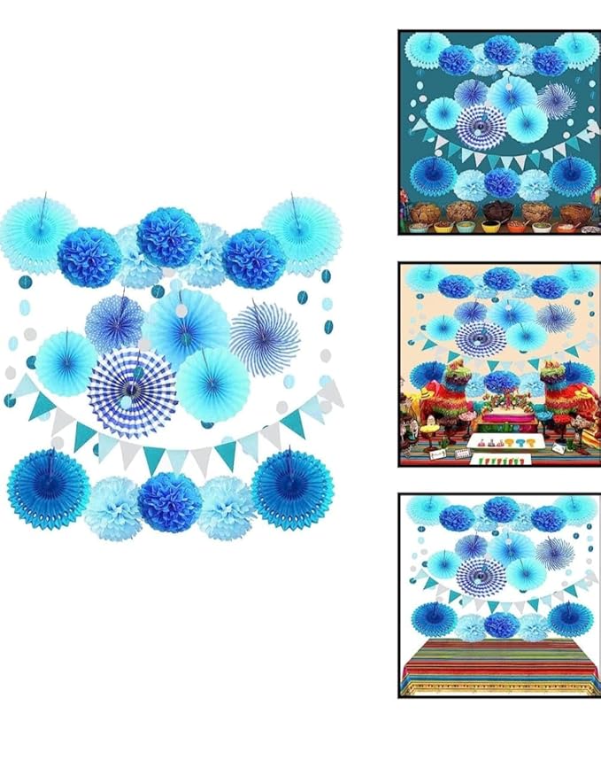 Blue Party Decorations Kit – 20 PCS Set with Fans, Pom Poms, Garland & Pennants
