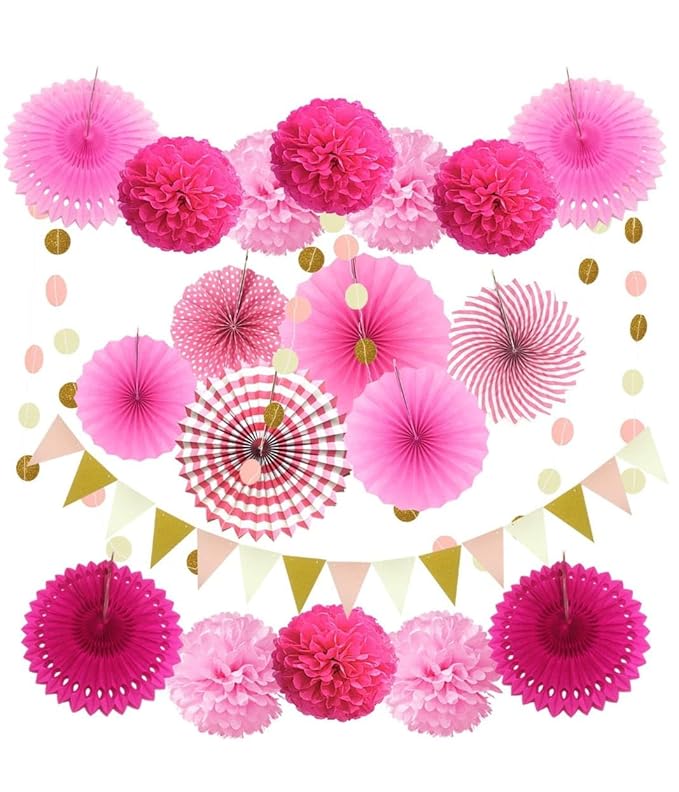 Pink Party Decorations Kit – 20 PCS Set with Fans, Pom Poms, Garland & Pennants