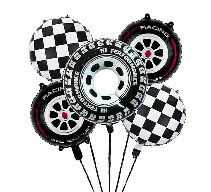 🏁 Race Car Foil Balloons Set – 5 Pcs | Tyre Wheel & Checkered Flag Foil Balloons | Racing Theme Birthday Decoration